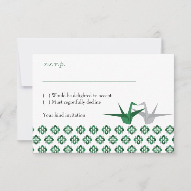 Green / Silver Origami Cranes Wedding RSVP Invitation (Front)