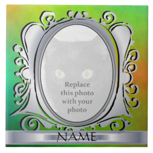 Green Silver Oval Photo Frame with Name Tile