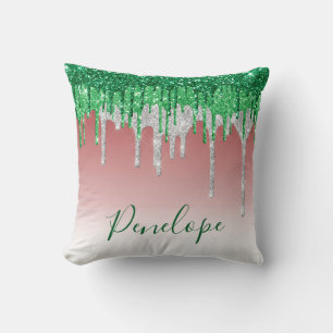 Green Silver Red Glitter Drip Elegant Monogram Cushion