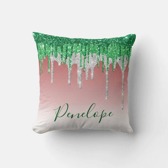  Green Silver Red Glitter Drip Elegant Monogram  Cushion (Front)