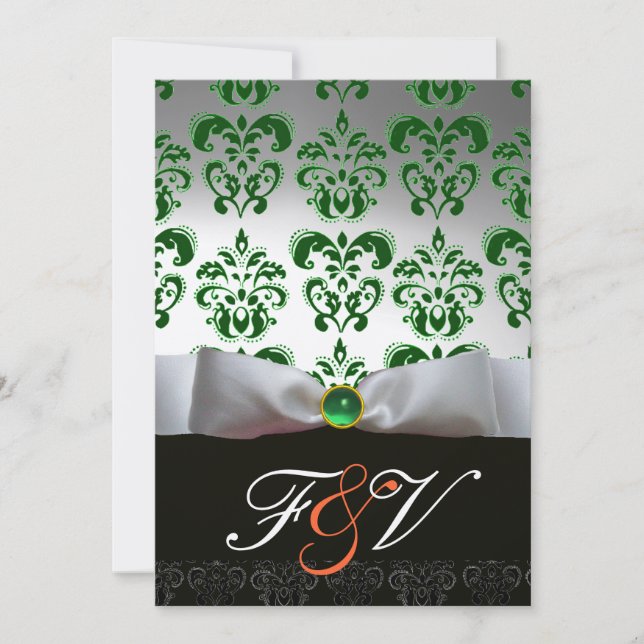 GREEN SILVER RIBBON & BLACK DAMASK MONOGRAM Orange Invitation (Front)