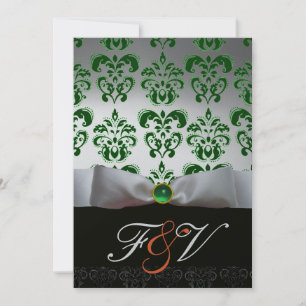 GREEN SILVER RIBBON & BLACK DAMASK MONOGRAM Orange Invitation