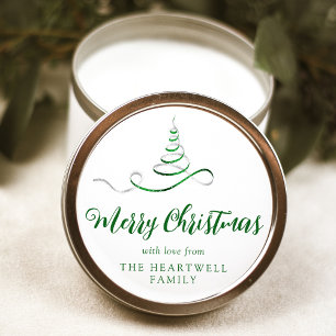 Green Silver Ribbon Tree Merry Christmas Script Classic Round Sticker