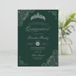 Green & Silver Roses Elegant Quinceañera  Invitation