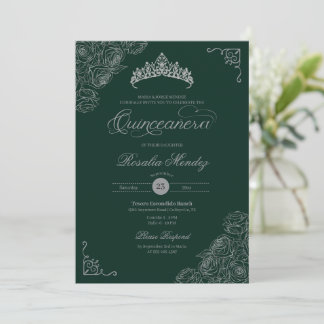 Green & Silver Roses Elegant Quinceañera Invitation