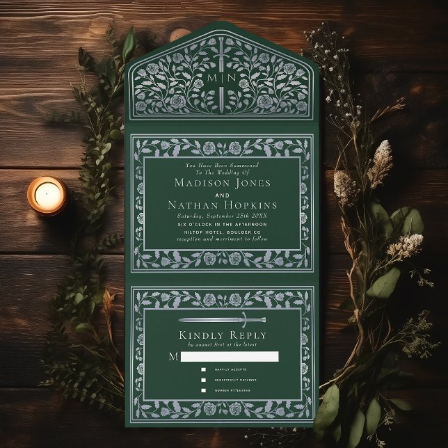 Green Silver Royal Mediaeval Sword Wedding  All In One Invitation (Creator Uploaded)