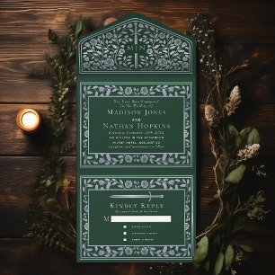 Green Silver Royal Mediaeval Sword Wedding  All In One Invitation