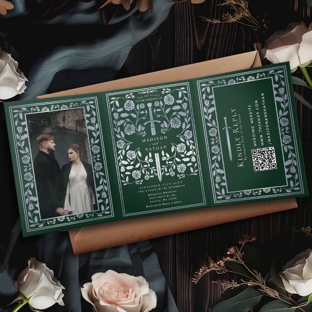 Green Silver Royal Mediaeval Sword Wedding QR Code Tri-Fold Invitation (Creator Uploaded)