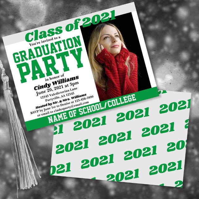 Green Silver School Colours Photo Graduation Invitation (Creator Uploaded)