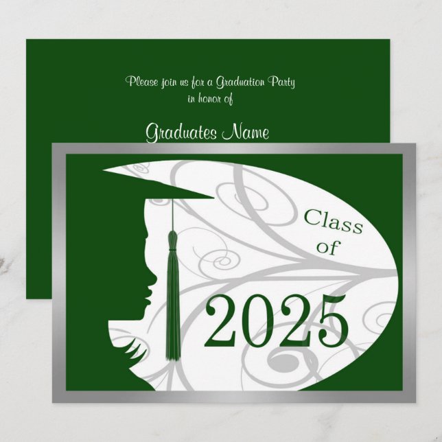 Green & Silver Silhouette 2025 Graduation Party Invitation (Front/Back)