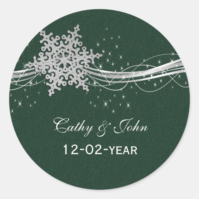 green Silver Snowflakes wedding favour stickers (Front)