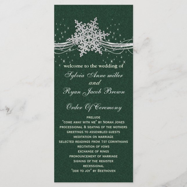 green Silver Snowflakes wedding programs length Programme (Front)