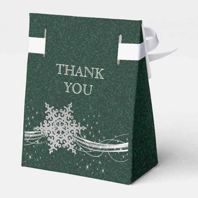 green Silver Snowflakes Winter wedding favour box (Back Side)