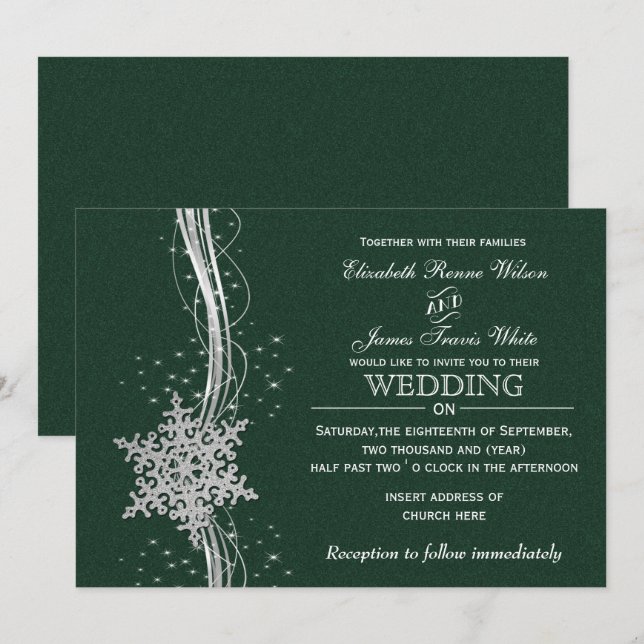 green Silver Snowflakes Winter wedding invitations (Front/Back)