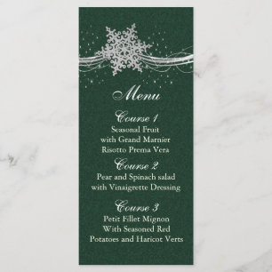 green Silver Snowflakes Winter wedding menu cards