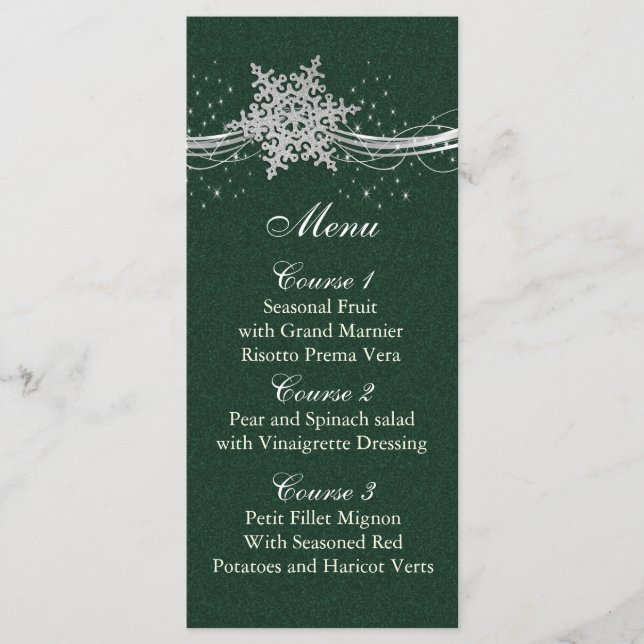 green Silver Snowflakes Winter wedding menu cards (Front)