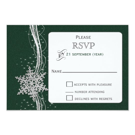 green Silver Snowflakes Winter wedding RSVP Card