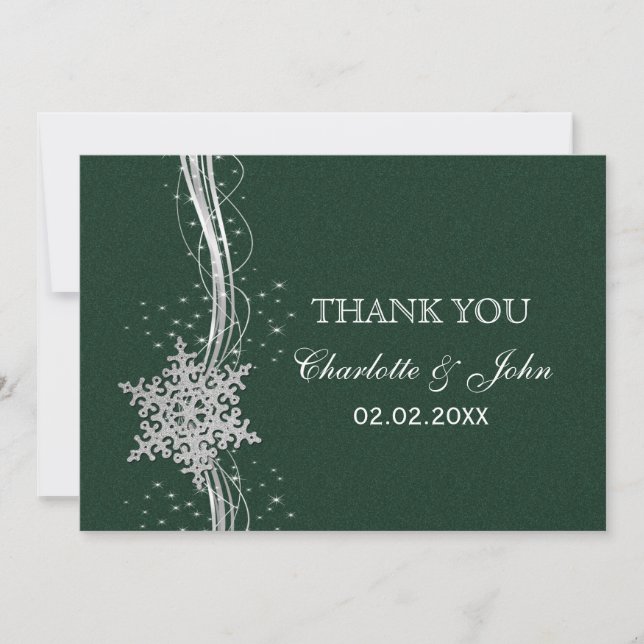 green Silver Snowflakes Winter  wedding Thank You Invitation (Front)