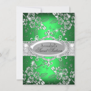 Green Silver Sparkle Flower Sweet 16 Invite