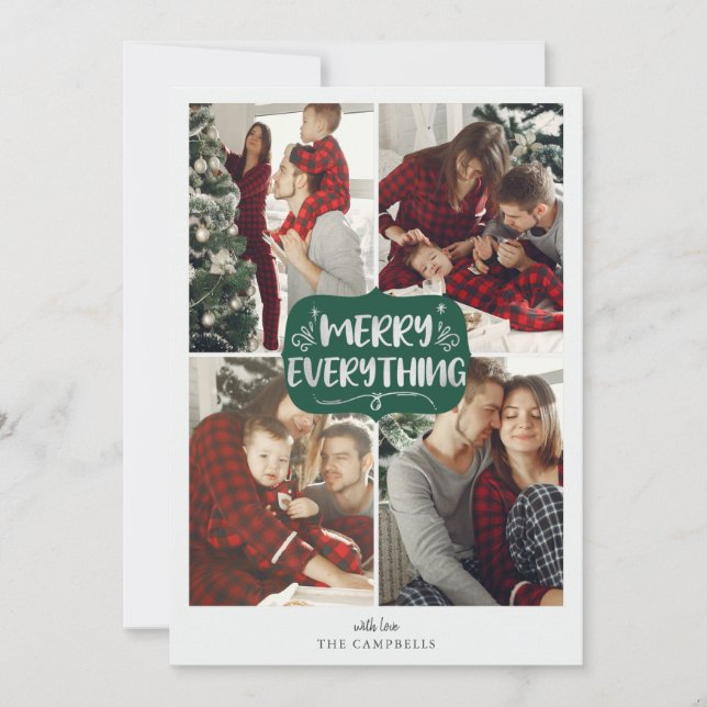 Green Silver Stars Merry Everything Multi Photo Holiday Card (Front)
