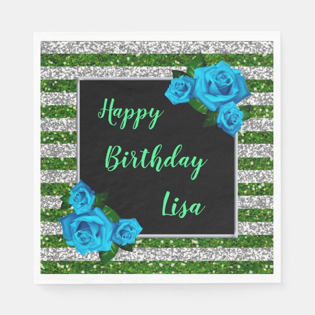 Green Silver Stripes Glitter Blue Roses Birthday Napkin (Front)
