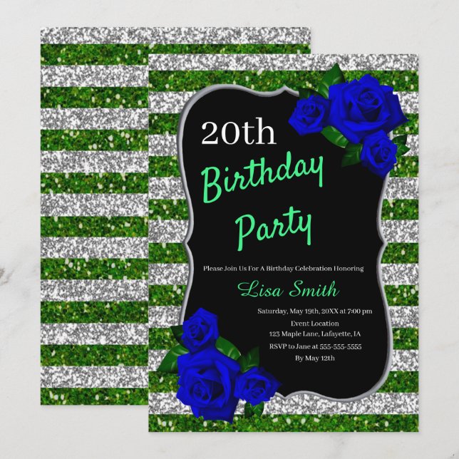 Green Silver Stripes Glitter Deep Blue Roses Invitation (Front/Back)