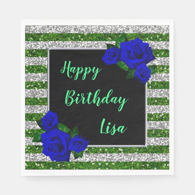 Green Silver Stripes Glitter Deep Blue Roses Napkin (Front)