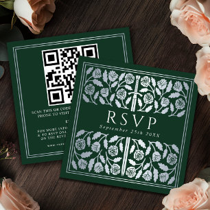 Green Silver Sword Royal Wedding RSVP QR Code Enclosure Card