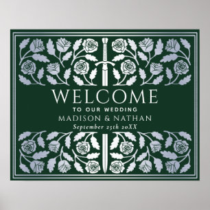 Green Silver Sword Royal Wedding Welcome Sign