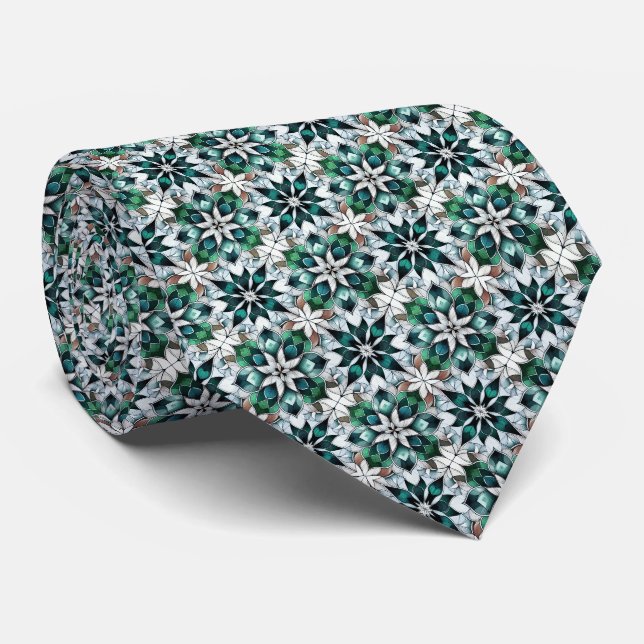 Green, Silver, Tan & White Mosaic Tile Pattern Tie (Rolled)