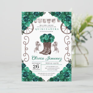 Green Silver Western Charra Boots Quinceañera Invitation