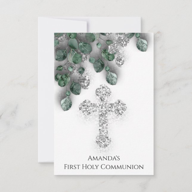 Green Silver White First Holy Communion Cross Invitation (Back)
