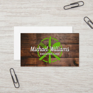Green Silverware Logo   Wood Background Business Card