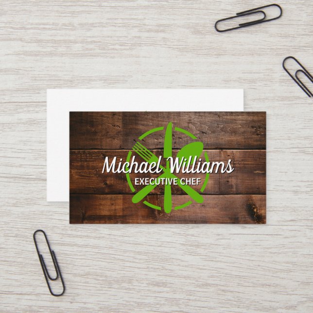 Green Silverware Logo | Wood Background Business Card (Front/Back In Situ)