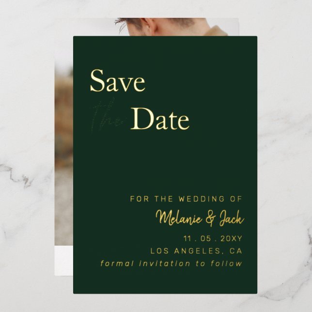 Green Simple Calligraphy Photo Save The Date  (Front/Back)