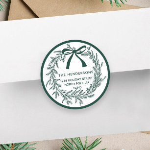 Green Simple Christmas Pine Wreath Return Address Classic Round Sticker