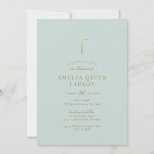 Green Simple Elegant Gold Cross Baptism Invitation