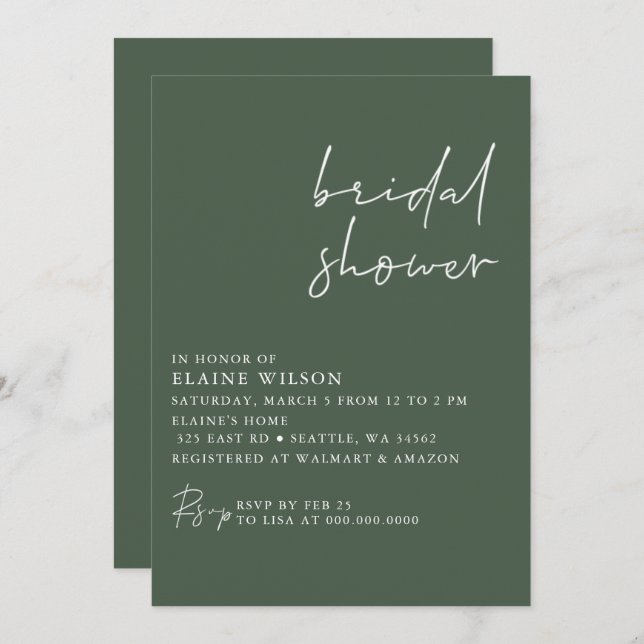 Green Simple Elegant Modern Bridal Shower  Invitation (Front/Back)