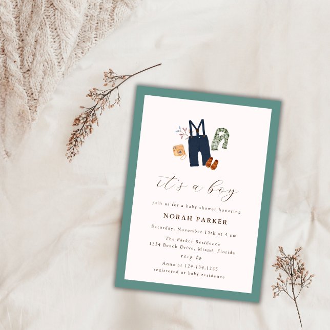 Green Simple Frame Boy Clothes Baby Shower  Invitation (Sage Green Simple Frame Boy Clothes Baby Shower Invitation)