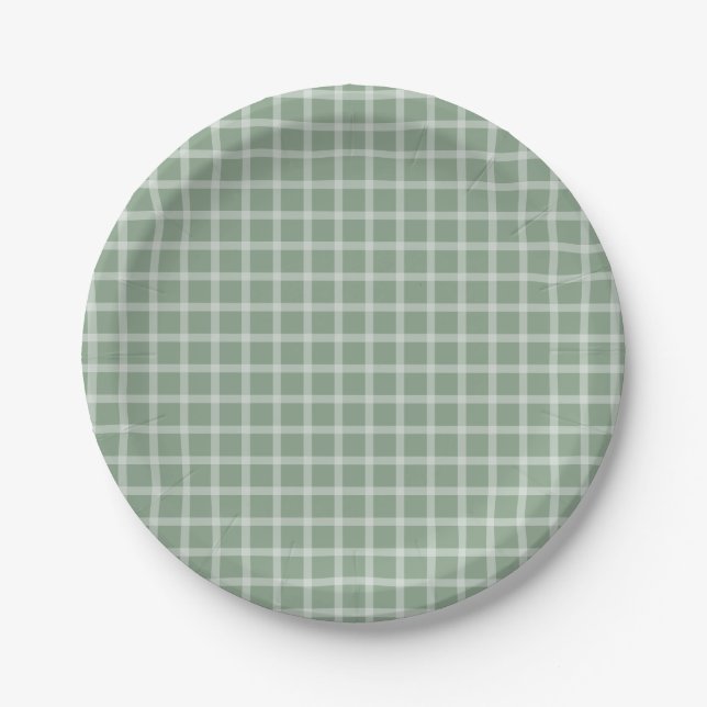 Green Simple Gingham Gender Neutral Baby Shower Paper Plate (Front)