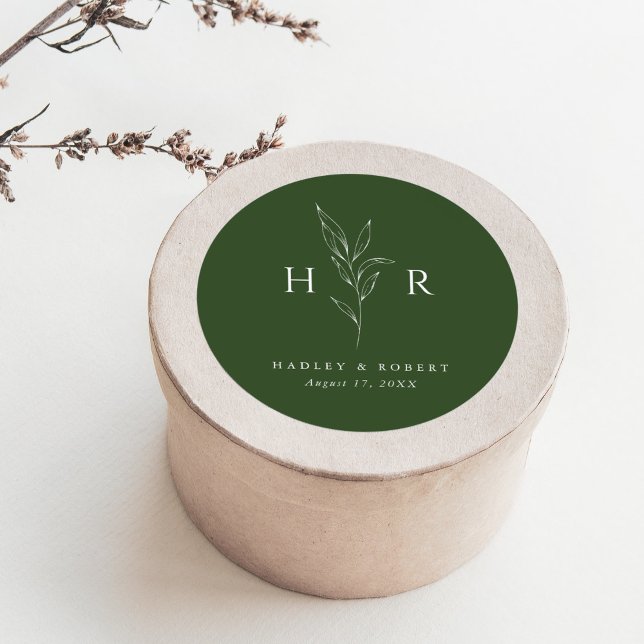 Green Simple Minimal Monogram Botanical Wedding Classic Round Sticker (Creator Uploaded)