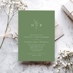 Green Simple Minimal Monogram Botanical Wedding Invitation