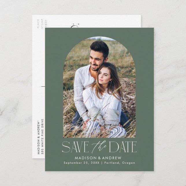 Green | Simple Modern Arch Photo Save the Date Announcement Postcard (Front/Back)