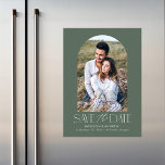 Green | Simple Modern Arch Photo Save the Date Magnetic Invitation<br><div class="desc">Announce your wedding date in style with our modern photo save the date magnet. The simple save the date magnet features your engagement photo inside of a dark sage green arch frame. "Save the Date" is displayed in white modern serif and script fonts. Personalise the save the date photo magnet...</div>