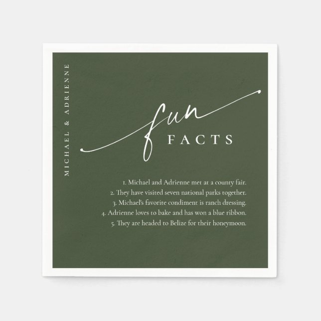 Green Simple Modern Script Fun Facts Wedding Napkin (Front)