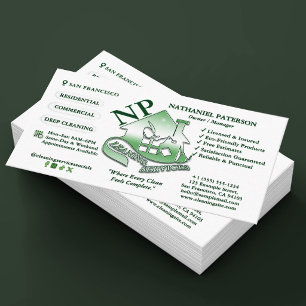 Green Simple Monogram Logo Cleaning Services Business Card