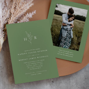 Green Simple Monogram QR Code Photo Wedding Invitation