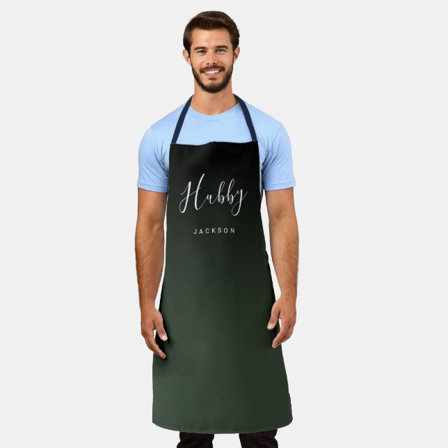Green simple personalised hubby apron (Worn)