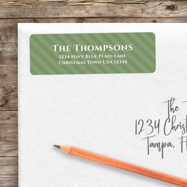 Green Simple Return Address Holiday (Simple cute green striped pattern with white text return address label. )