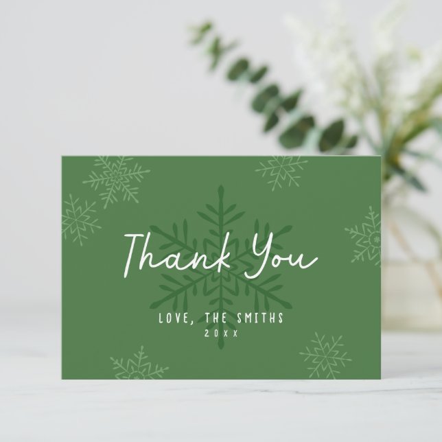 Green Simple Script Snowflake Christmas Thank You Card (Standing Front)